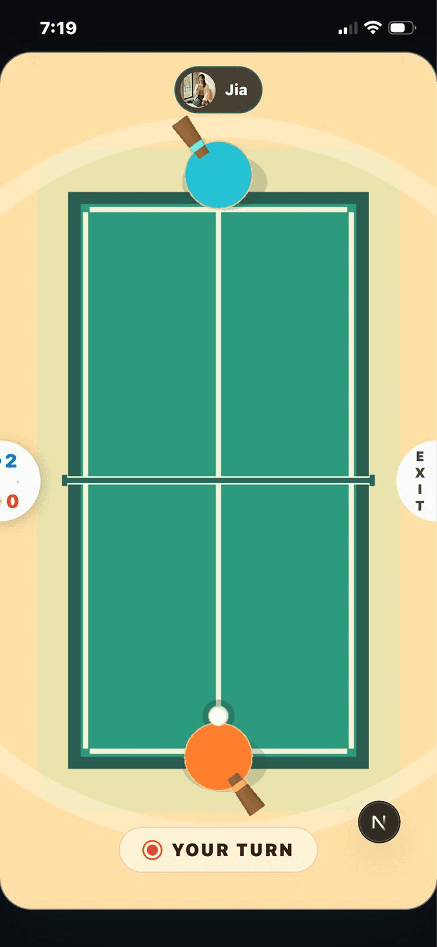 Playing table tennis against a character in the Poola app